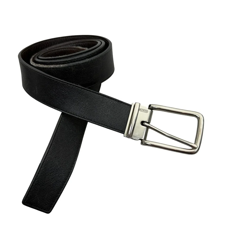Coach Belt Mens 42 Black Brown Reversible Crossgrain Leather Silver Buckle